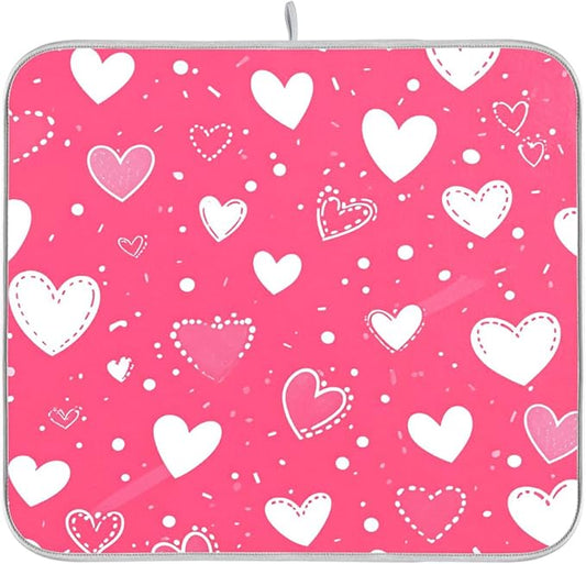 Hot Pink Love Dish Drying Mat for Kitchen Countertop 16x18 Happy Valentine’s by Wamika