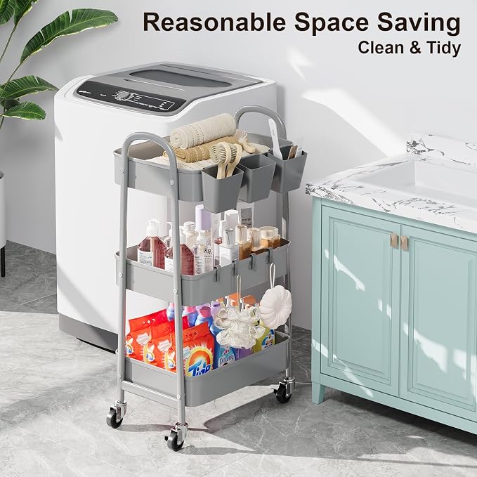 3 Tier Gray Metal Rolling Cart, Mesh Storage Cart - Image 2