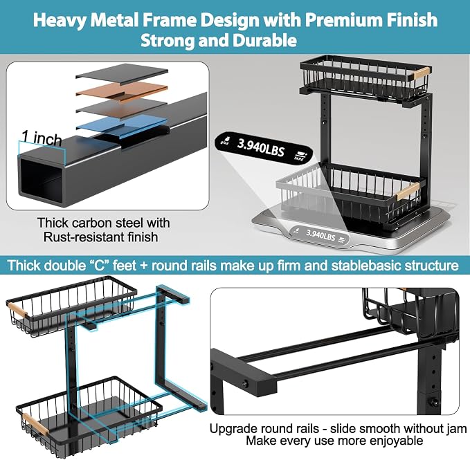 Under Sink Organizer Storage 1 pack, 2 Tier Slide Out Height Adjustable Pull - Image 5