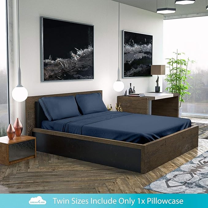 DREAMCARE King Size Sheets Set - Cooling Bed Sheets - 4pcs Set - up to 15" Deep Pocket King Sheet Set – Soft & Long Lasting Cooling - 100% Fine Brushed Polyester with Side Pocket - Navy Blue
