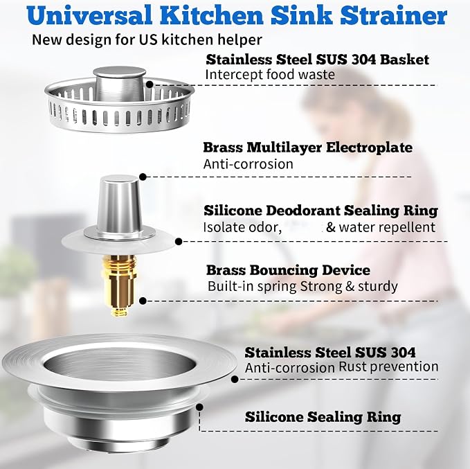 Upgraded 3 in 1 Kitchen Sink Drain Strainer Stopper, Brushed Stainless Steel - Image 5