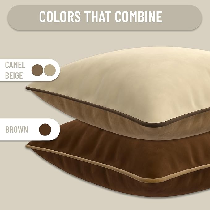 Set of 2 Decorative Throw Pillow Covers Cushion Cases. Soft Velvet. Contrast Pipping Edge. Filling Not Included. (18x18in, Camel/Beige)