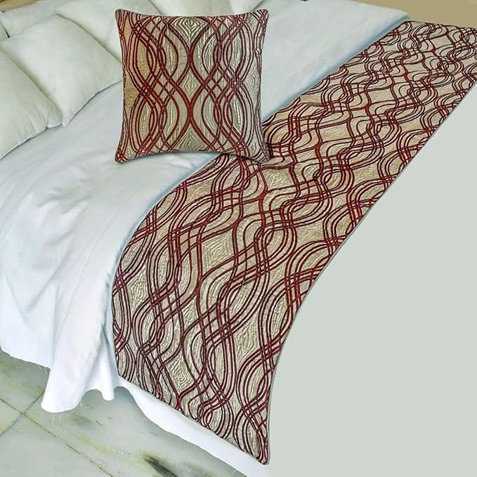 The HomeCentric King/Queen/Twin Brown Decorative Bed Runner CA King 86"x18" Bed Runner with One Pillow Cover, Quilted, Swirl Pattern Bed Scarf on Satin Fabric - Brown Swirls
