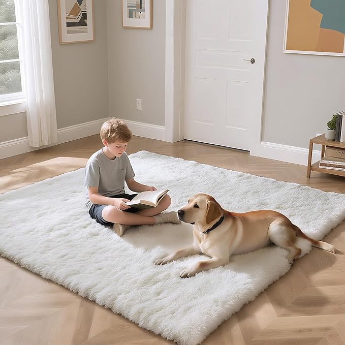 Fluffy Rug Shaggy Area Rug, White 8x10 Area Rugs for Living Room, Large Shag Area Rugs for Bedroom Kids Room Home Decor, Upgrade Anti-Skid Rectangular Fuzzy Rugs