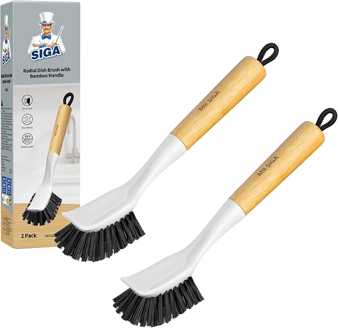 MR.SIGA Dish Brush with Handle, Dish Scrub Brush, Bamboo Dish Brush, Safe on by MRSIGA