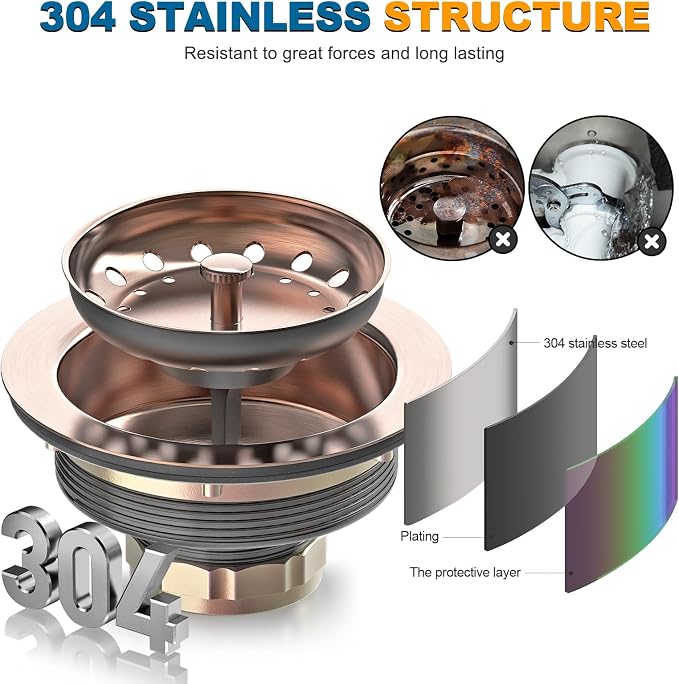 BOTEMY Stainless Steel Copper Sink Drain Strainer Kit 3-1/2 inch Kitchen Drain - Image 2