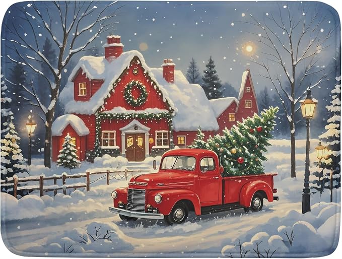 Christmas Dish Drying Mat for Kitchen Counter 18x24 Red Truck Winter Xmas Snow by Aytipun