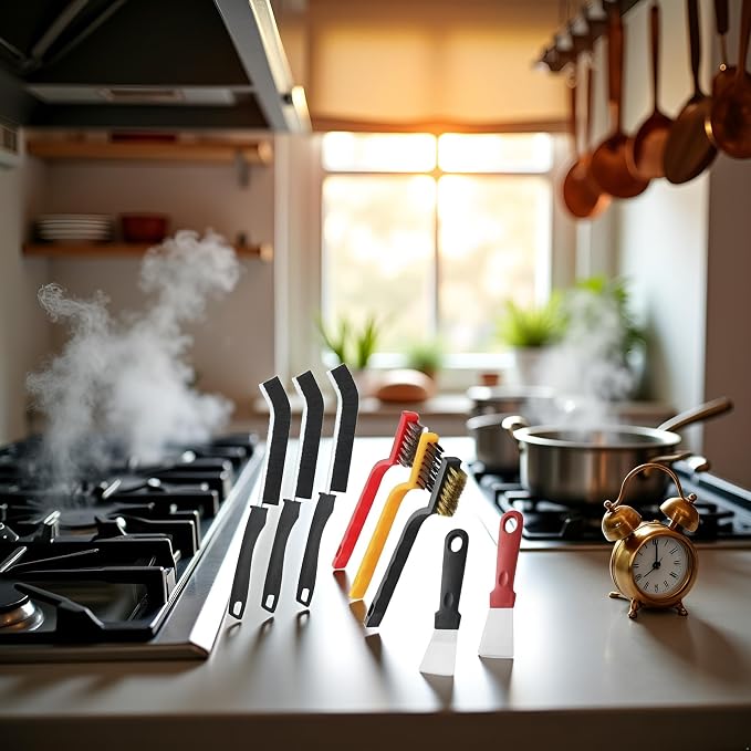 8Pcs Multicolour Kitchen Stove Cleaning Brush+Heavy Duty Scraper Tool Set - Image 3