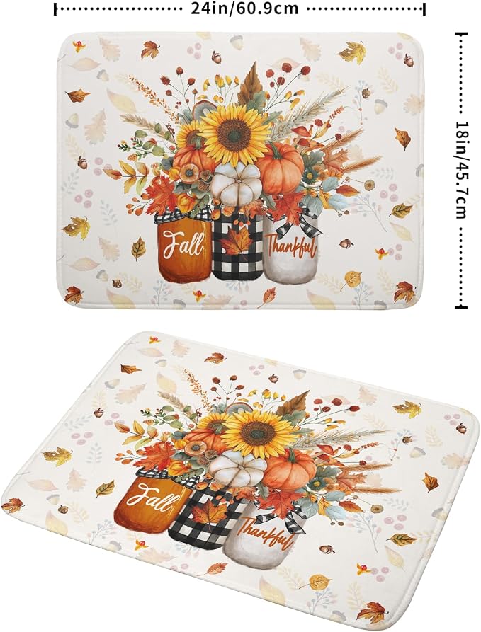 Autumn Pumpkin Dish Drying Mat 18x24 Inch Sunflower Flower Vase Washable - Image 2