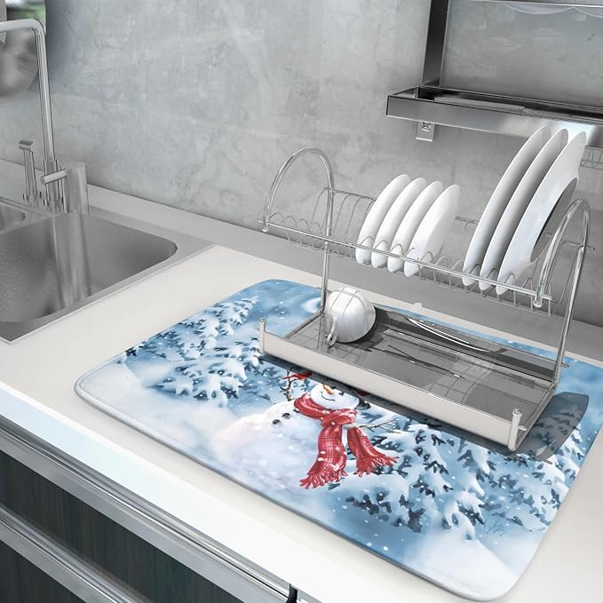 Blue Snowman Dish Drying Mat Winter Pine Tree Drainer Rack Mats 18x24 Inch - Image 5