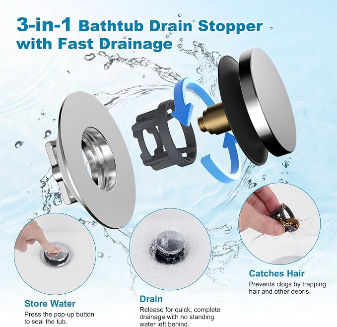 Hibbent 3 in 1 Metal Bathtub Drain Stopper, Universal Pop Up Tub Stopper - Image 2