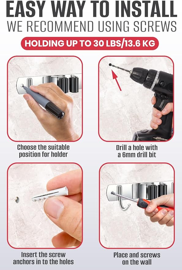 The Good Stuff Compact Mop and Broom Holder Wall Mount – Stainless Steel - Image 3