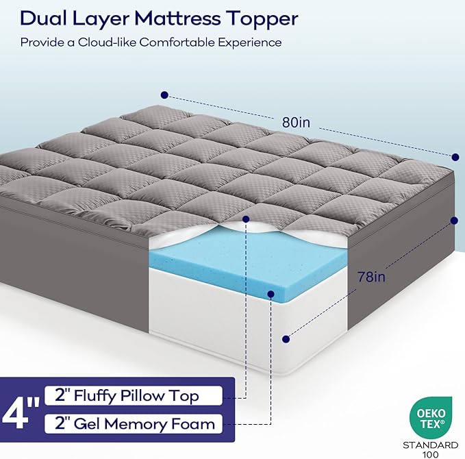 OLANLY Dual-Layer 4 Inch King Size Memory Foam Mattress Topper for Back Pain, 2 Inch Cooling Pillow Top Mattress Pad Cover and 2 Inch Gel Memory Foam Topper, Deep Elastic Pocket, Light Grey