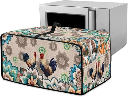 Rooster Boho Mandala Floral Print Microwave Oven Dust Cover Polyester-Linen Fabric Microwave Oven Cloth Cover Universal Case Protections Protector with Storage Bags, M