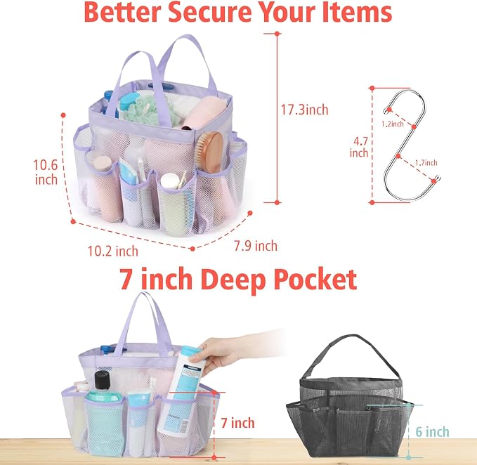 F-color Mesh Shower Caddy Portable, Upgrade Deeper 7 Pockets Shower Bag Basket - Image 4