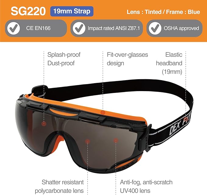 DEX FIT Protective Safety Goggles SG220; Anti Fog & Scratch, Z87 Eye Protection - Image 2