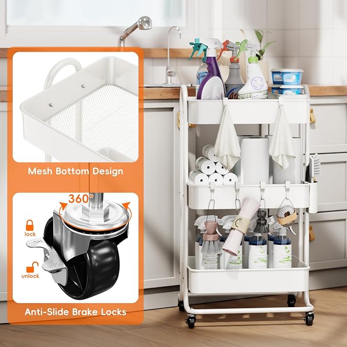 3 Tier Metal Rolling Utility Cart Organizer, Cleaning Supplies Carts - Image 3