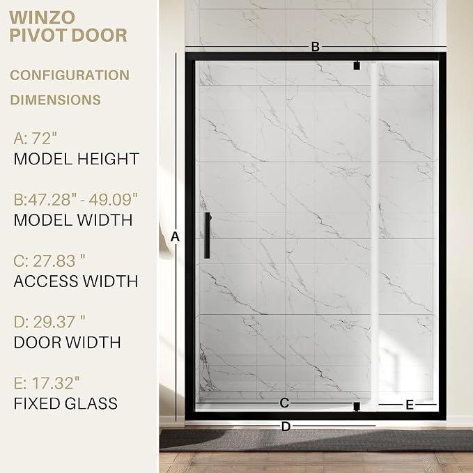 WinZo 47-48" W ×72" H Pivot Shower Door, 1/4" SGCC Clear Tempered Glass Shower - Image 7