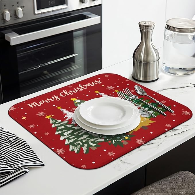 Christmas Kitchen Countertop Dish Drying Mat, Washable Absorbent Countertop - Image 3