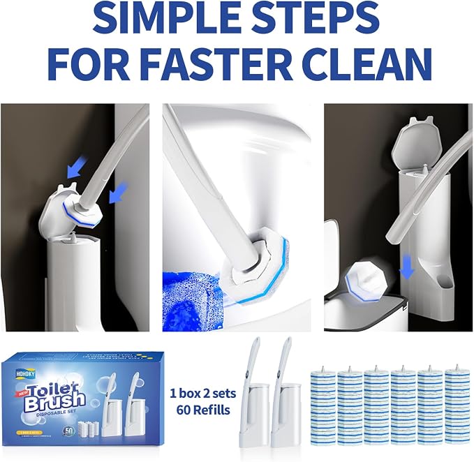 Disposable Toilet Brush Cleaning System, Two Sets of Wands and 60p Refills Pads - Image 4