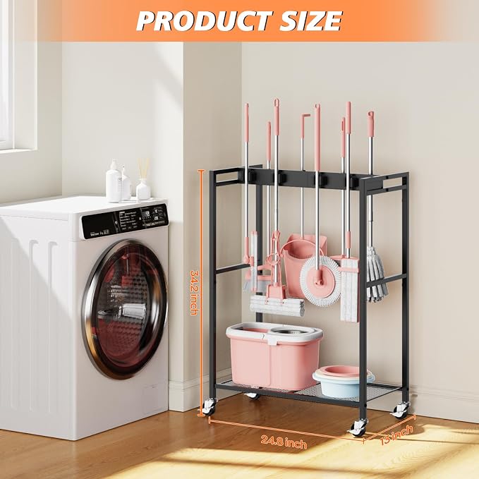 Broom and Mop Holder, Broom Closet Storage Cabinet, Cleaning Cart - Image 2