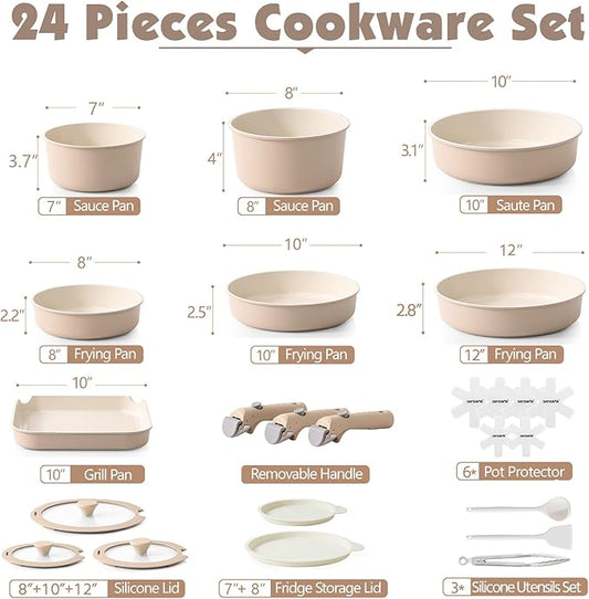 SENSARTE 24 Piece Ceramic Pots and Pans Set, Nonstick Detachable Handle Cookware - Image 2