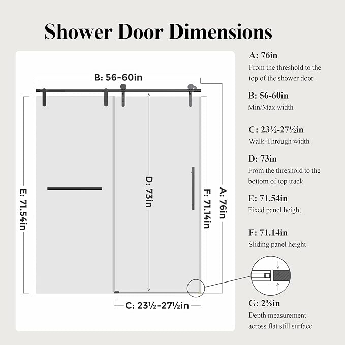 56-60" W x 76" H Frameless Single Sliding Shower Door, Bathroom Glass Shower - Image 2