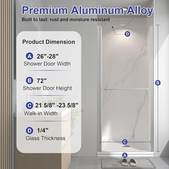 Frameless Pivot Shower Door 26"-28" W x 72" H, Swing Shower Glass Doors - Image 9