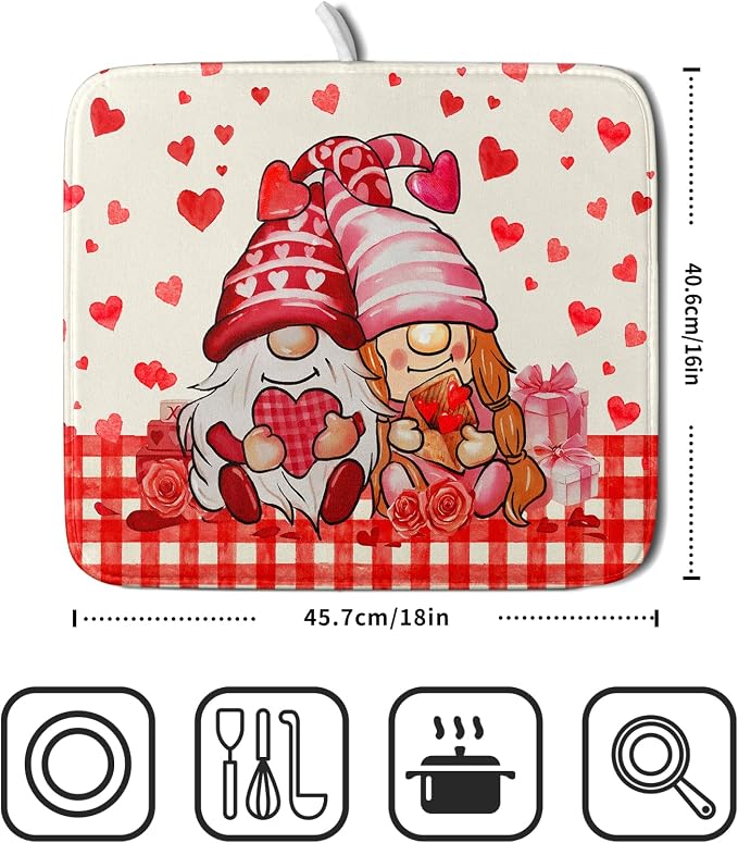Love Gnome Dish Drying Mat 16"x18" Red Heart Microfiber Dish Drainer Rack Mat - Image 2