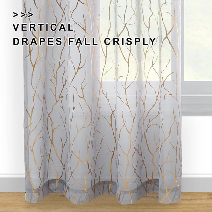 FINECITY Gold Grey Sheer Curtains 84 Inches Long 2 Panels Metallic Gold Foil - Image 4