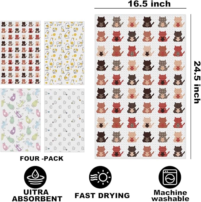 Hanamiya Na 4Pcs Cute Cat Kitchen Towels, Whimsical Decorative Absorbent - Image 2