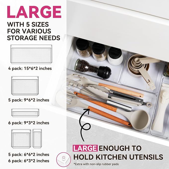 Criusia 26 Pack Large Clear Plastic Drawer Organizer Bins -5 Size Heavy Duty - Image 2