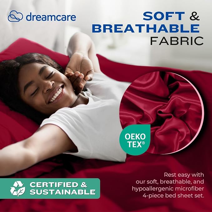 DREAMCARE California King Sheet Sets - Cooling Bed Sheets - 4pcs Set - up to 15" Deep Pocket Cal King Sheets - California King Sheets - Soft & Lasting 100% Brushed Polyester with Side Pocket -Burgundy