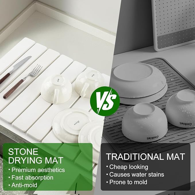 Stone Dish Drying Mat for Kitchen Counter | 24"×16" Diatomaceous Earth - Image 8