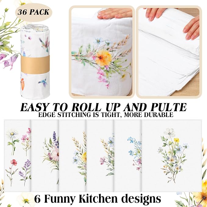 36 Pack Wildflower Reusable Cleaning Cloths Washable Cotton Kitchen Towels - Image 2