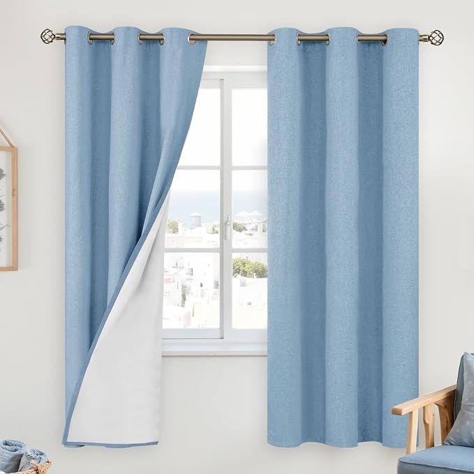 YoungsTex Light Blue Linen Blackout Curtains 63 Inches Long by YoungsTex