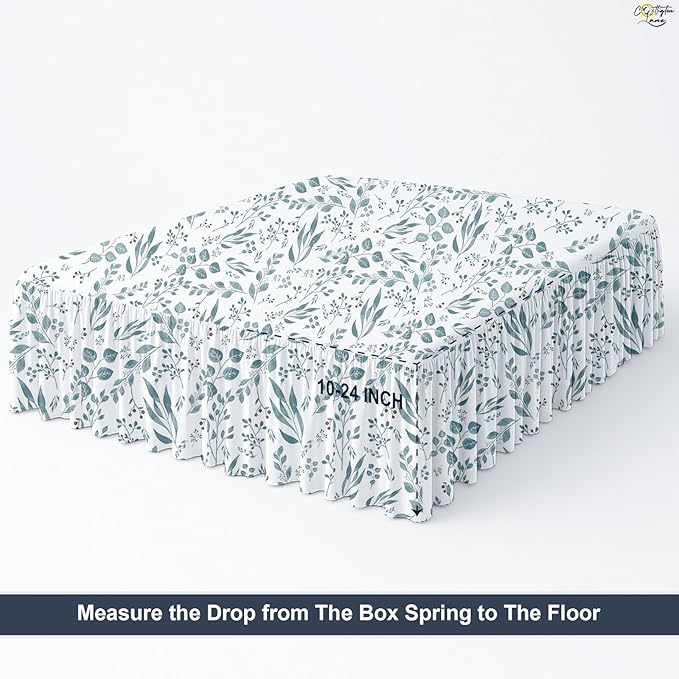 Cottington Lane Ruffled Bed Skirt Queen Size with Split Corner, Brushed Microfiber Hotel Quality Dust Ruffle, 15" Drop Gathered Bedskirt, Soft, Stylish, Shrink & Fade Resistant, Tranquil Green Petals