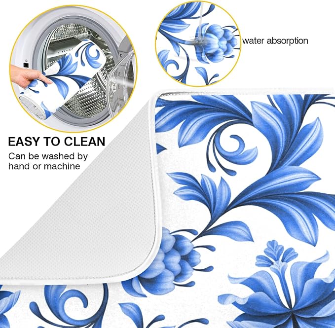 Tarity Blue Flowers White Dish Drying Mat - Image 2