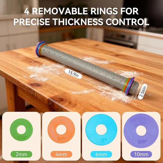 Adjustable Rolling Pin with Thickness Rings, 12.8" Silicone Non Stick Dough - Image 2