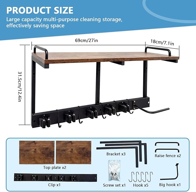 Broom Holder Wall Mount With Cleaning Supplies Organizer Shelf Broom And Mop - Image 2