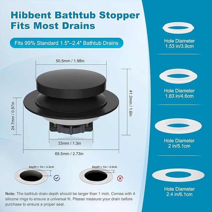 Hibbent 3 in 1 Metal Bathtub Drain Stopper, Universal Pop Up Tub Stopper - Image 3