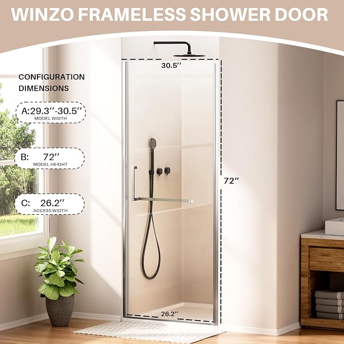 WinZo 29-30" W ×72" H Frameless Pivot Shower Door, Pivot Swing Shower Glass - Image 6