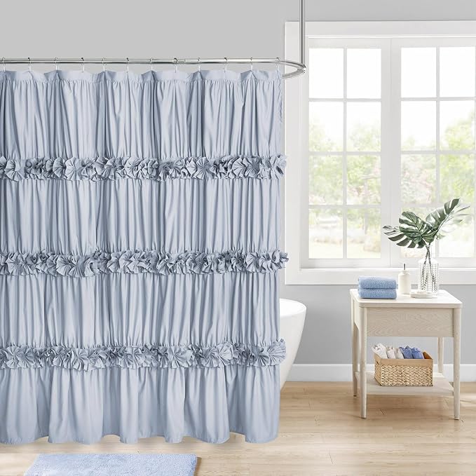 Fog Blue Ruffle Shower Curtain, Vintage Handcrafted Bow Tie Bath Curtain by Homechoice+Decor