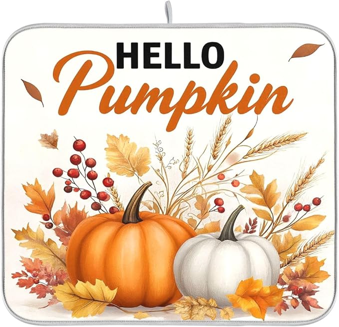 Hello Pumpkin Dish Drying Mat for Kitchen Countertop 16x18 Fall Harvest Leaves by Wamika