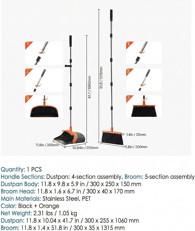Broom and Dustpan Set for Home, 51.8" Long Handle Standing Dustpan - Image 4