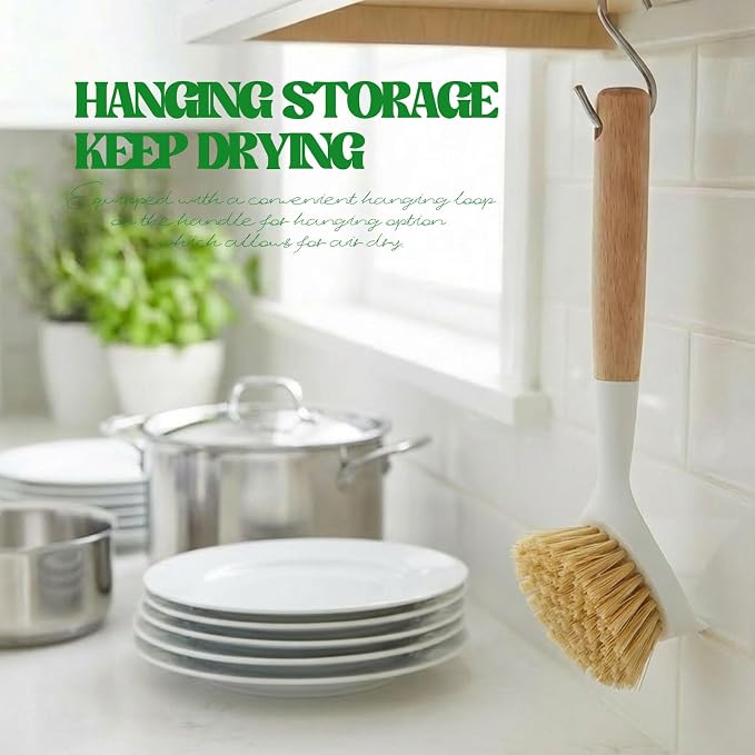 Dish Brush with Handle Wood Built-in Scraper, Scrub Brush - Image 6