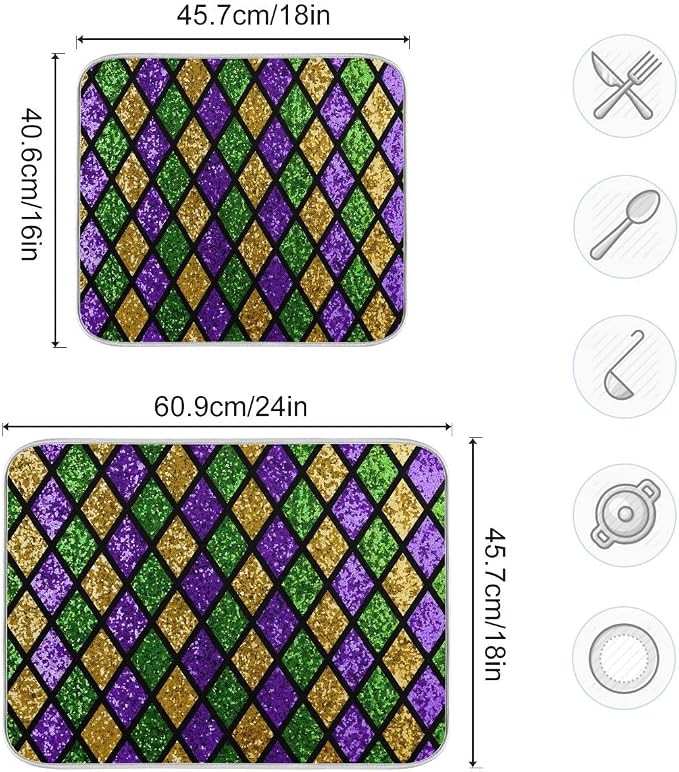 Mardi Gras Dish Drying Mat for Kitchen Gold Purple Green Buffalo Plaid - Image 3
