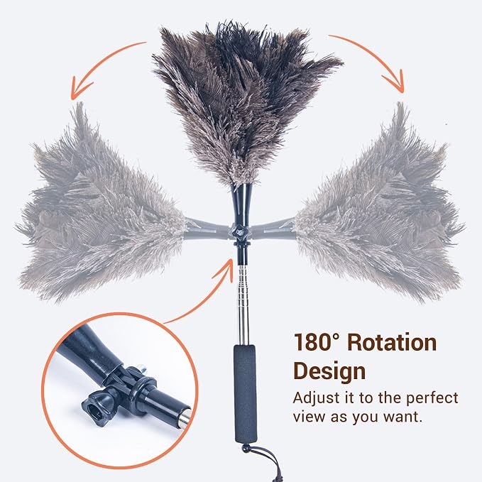 Luxury Black Curved Feather Duster, Extendable Ostrich Feather Cleaning Tool - Image 5