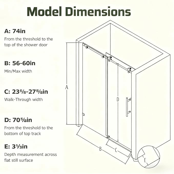 56-60" W x 74" H Frameless Shower Door, Bathroom Soft-Close Sliding Shower Doors - Image 2