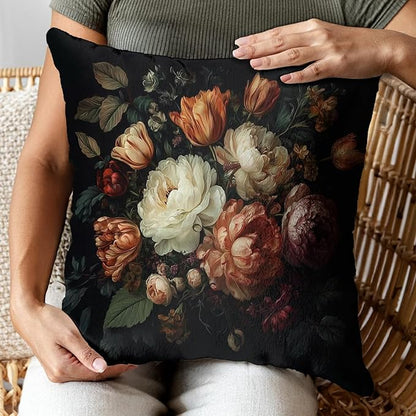 Vintage Floral Throw Pillow Covers, Vintage Flower Pattern Double Sided Cushion Cover, Indoor and Outdoor Home Art Decor Pillowcase for Sofa or Bedroom Decor 18x18inches (Black, 18x18inches)
